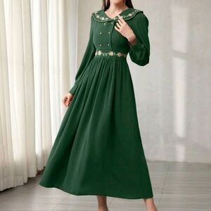 Embroidered Double-Breasted Peter Pan Collar Elegant Long Sleeve Dress Maxi